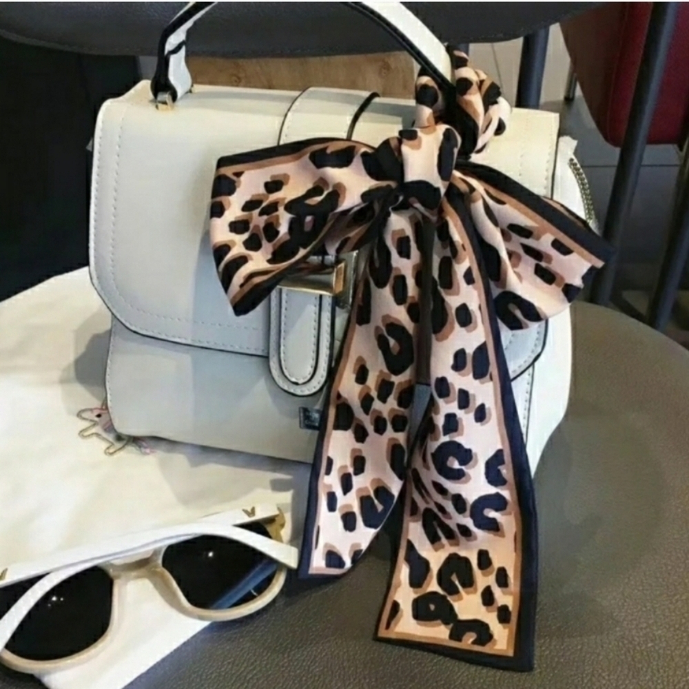 Silver Leopard print Silk Skinny Scarf Twilly - Picture 8 of 8
